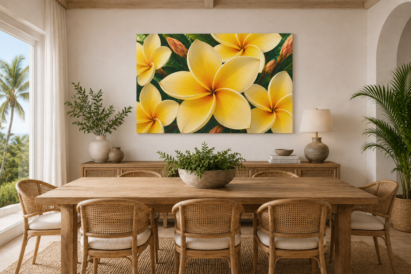A large rectangular wall art print featuring bright yellow plumeria flowers on a dark green background, displayed above a wooden dining table in a styled dining room with chairs, plants, and a sideboard.