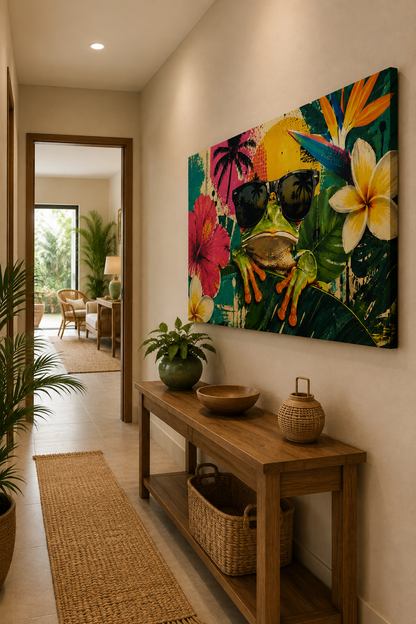 A large rectangular canvas wall art print featuring a colorful tropical frog wearing sunglasses, displayed in a modern hallway above a wooden console table with plants and woven decor.
