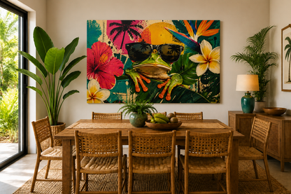 A large rectangular wall art canvas hangs above a wooden dining table in a styled interior. The artwork depicts a colorful tropical scene with a green frog wearing black sunglasses, red and yellow flowers, palm leaves, and bright orange and blue bird-of-paradise flowers.