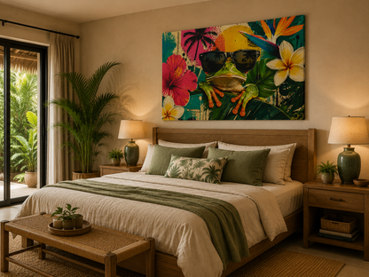 A tropical-themed canvas wall art print featuring a frog wearing sunglasses, displayed in a beautifully styled bedroom above a wooden bed with green and beige bedding.