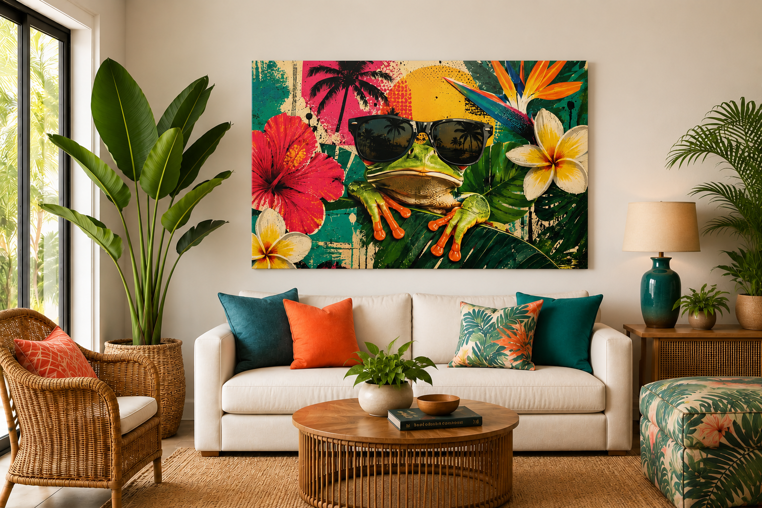 A colorful tropical wall art print featuring a frog in sunglasses surrounded by hibiscus flowers, plumeria, and palm leaves, displayed above a white sofa in a styled living room.
