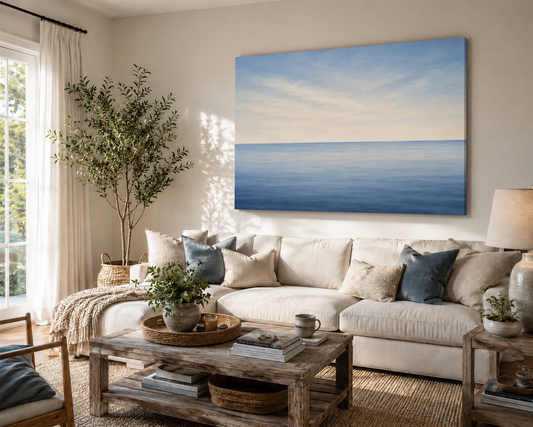 A large horizontal canvas print of a calm blue ocean under a pale sky, displayed on a beige wall above a cream sectional sofa in a bright, modern living room.
