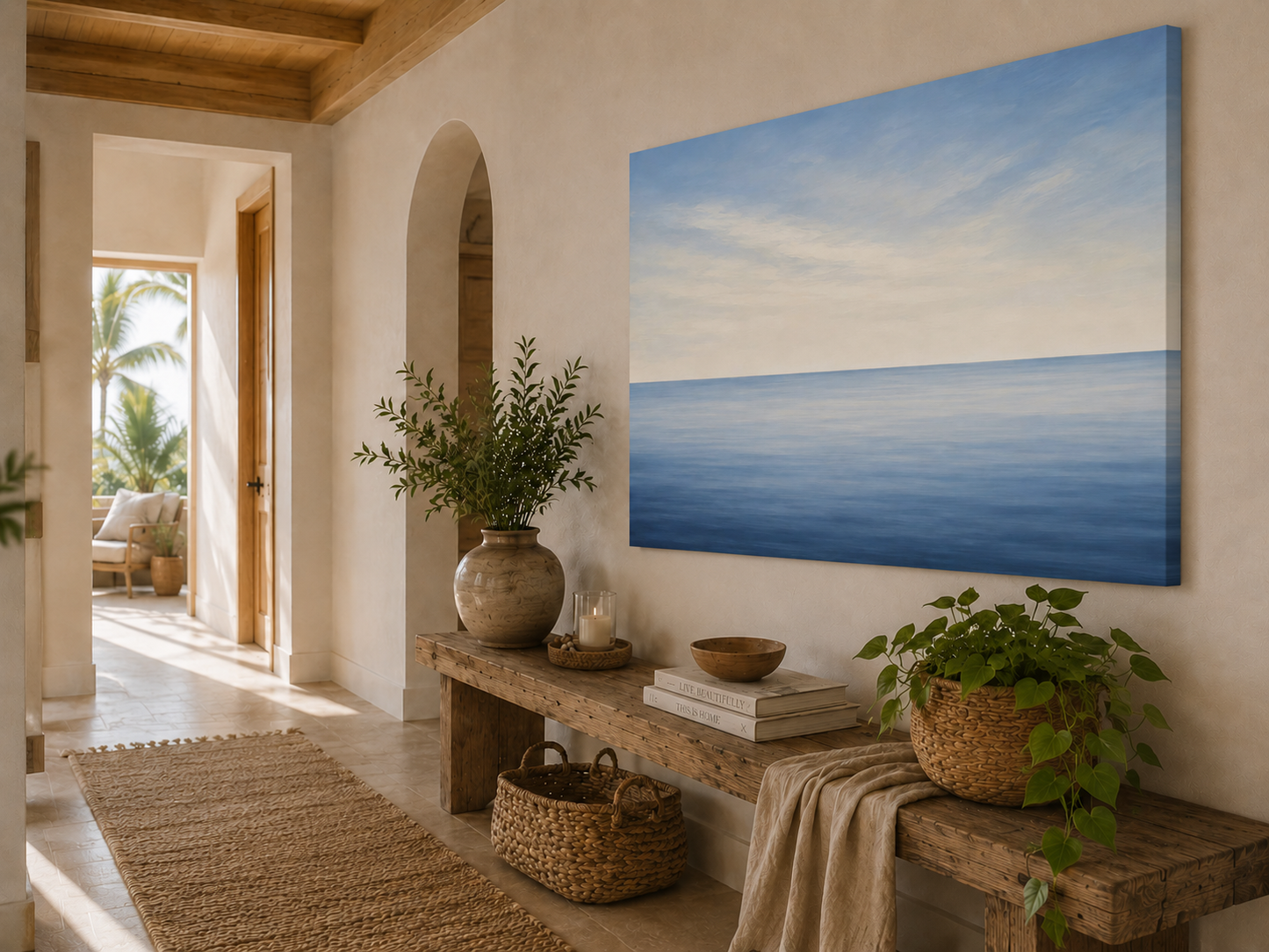 A large square canvas wall art print depicting a serene blue ocean under a pale sky, styled in a warm, rustic boho interior hallway with a wooden bench, plants, and woven baskets.