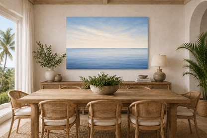A large horizontal canvas print of a blue ocean under a cloudy sky, displayed on a beige wall in a styled dining room with a wooden table and chairs.