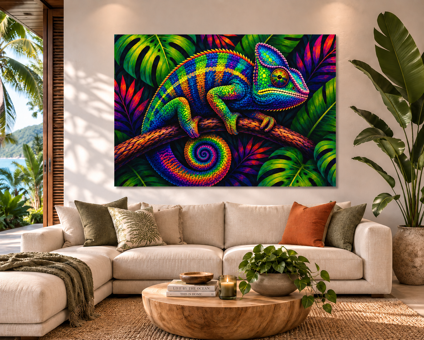 A large rectangular canvas wall art print showing a brightly colored chameleon on tropical leaves, displayed above a beige sectional sofa in a modern living room with plants and a round wooden coffee table.
