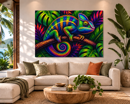 A large rectangular canvas wall art print showing a brightly colored chameleon on tropical leaves, displayed above a beige sectional sofa in a modern living room with plants and a round wooden coffee table.