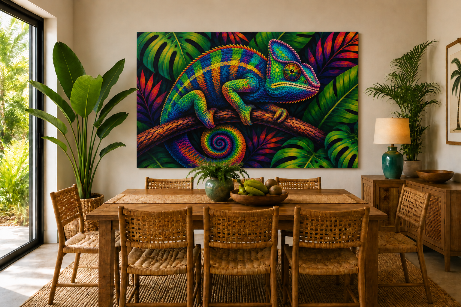 A large rectangular wall art print showing a brightly colored chameleon on tropical leaves, displayed above a wooden dining table in a styled interior room with chairs, plants, and a lamp.