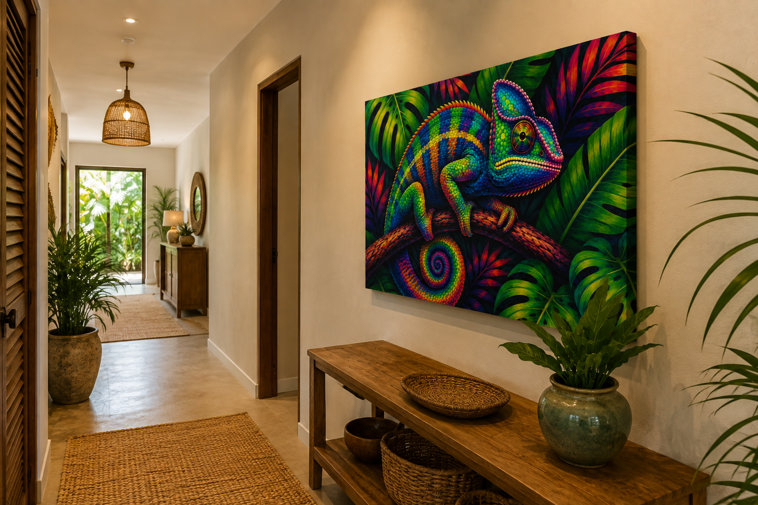 A large square canvas wall art print featuring a brightly colored chameleon on tropical leaves, displayed in a warm, modern hallway above a wooden console table with potted plants.
