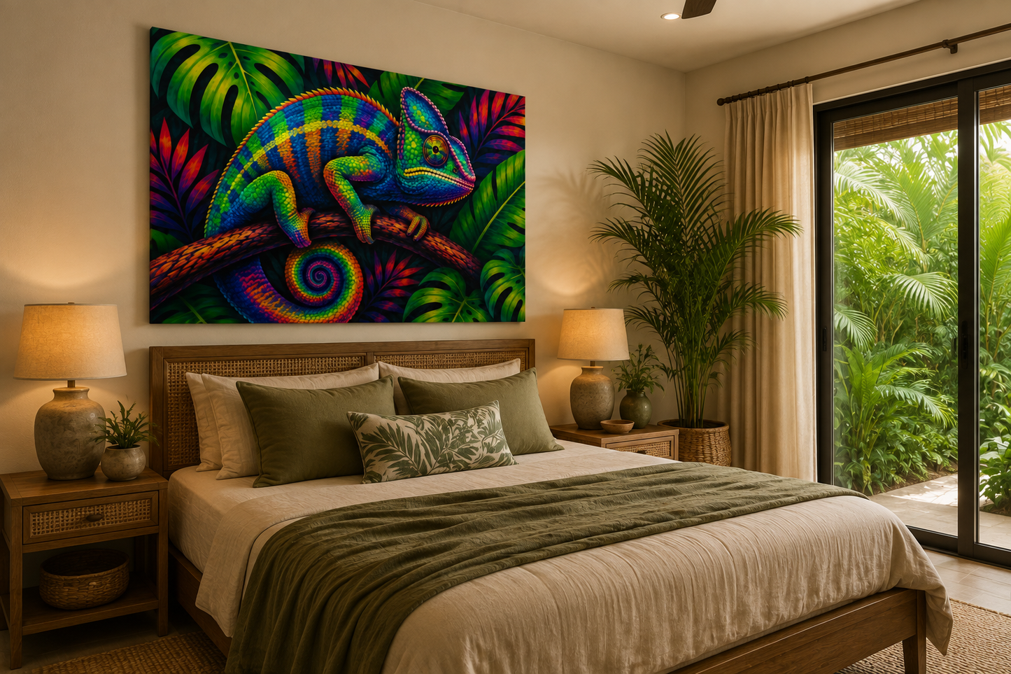 A large rectangular wall art print showing a brightly colored chameleon on tropical leaves, displayed above a neatly made bed in a modern bedroom with wood furniture, lamps, and a glass door overlooking lush greenery.
