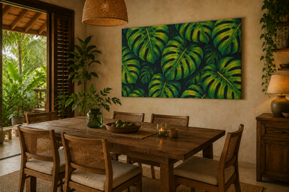 A large rectangular wall art piece featuring a bold green tropical monstera leaf pattern, displayed in a warm, rustic dining room setting above a wooden dining table and chairs.