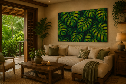 A large rectangular wall art print featuring a bold green tropical monstera leaf pattern, displayed in a warm, modern living room above a beige sectional sofa.