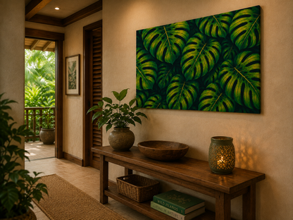 A large rectangular wall art print featuring a bold green tropical monstera leaf pattern, displayed in a warm, modern interior hallway above a wooden console table.