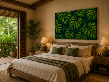 A large rectangular wall art print featuring a bold green tropical monstera leaf pattern, displayed above a neatly made bed in a warm, rustic bedroom setting.