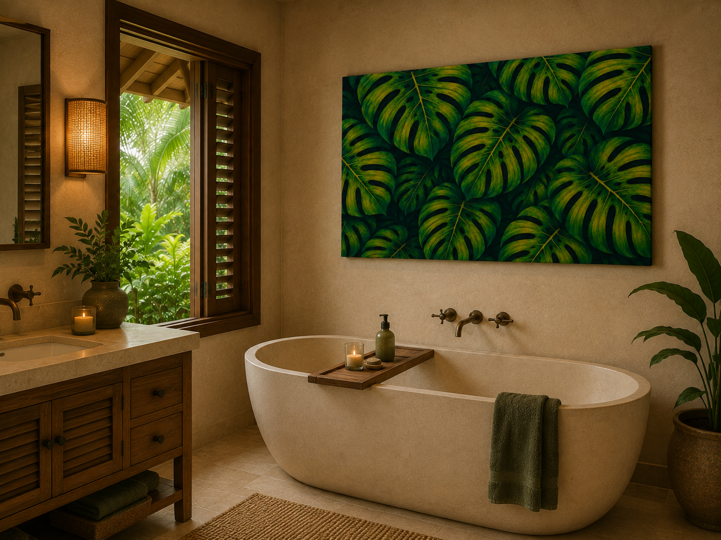 A large rectangular wall art print featuring a bold green tropical monstera leaf pattern, displayed in a warm, rustic bathroom above a white freestanding bathtub.