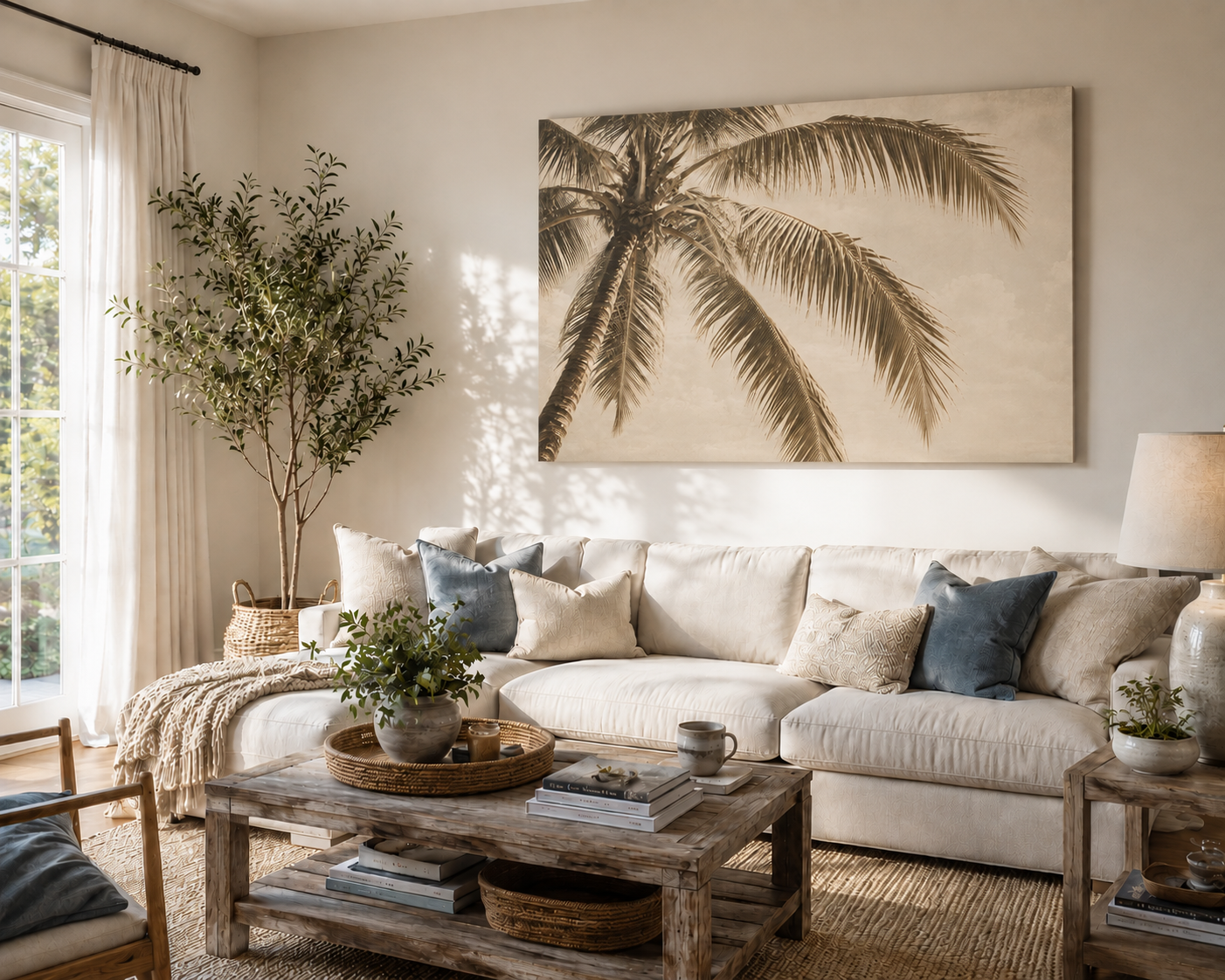 A large rectangular wall art print featuring a palm tree silhouette in warm beige and brown tones, displayed above a cream sectional sofa in a styled living room with plants, pillows, a wooden coffee table, and a window.