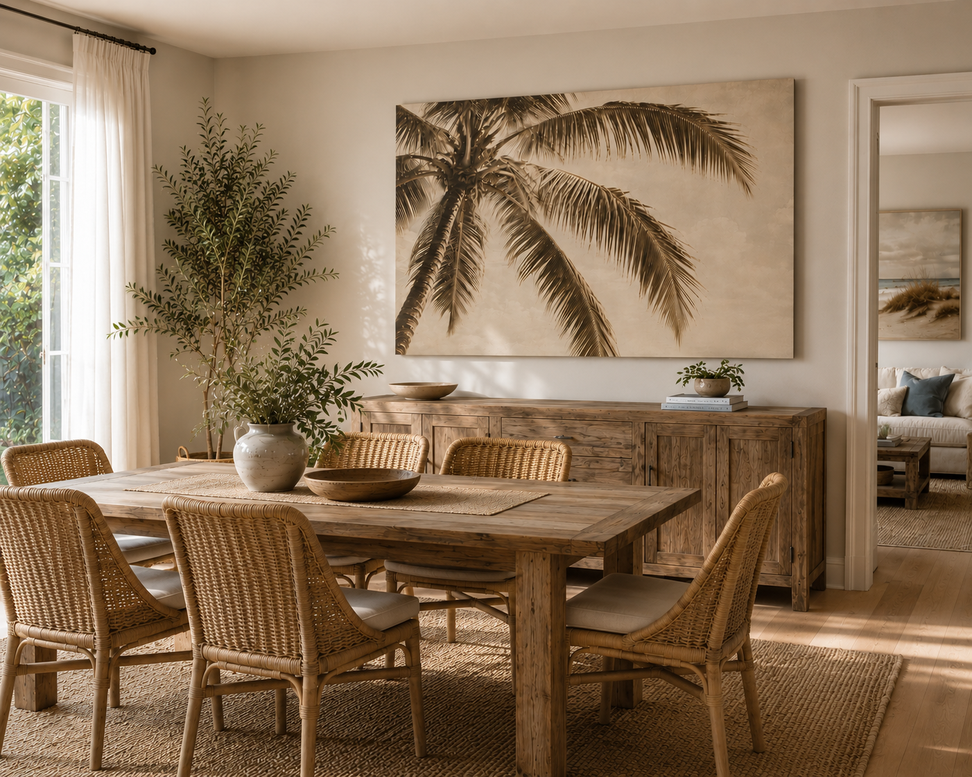 A large rectangular wall art print featuring a palm tree in a sepia-toned monochrome style, displayed in a dining room above a wooden sideboard. The room includes a rustic wooden dining table and wicker chairs, with natural light coming from a window on the left.