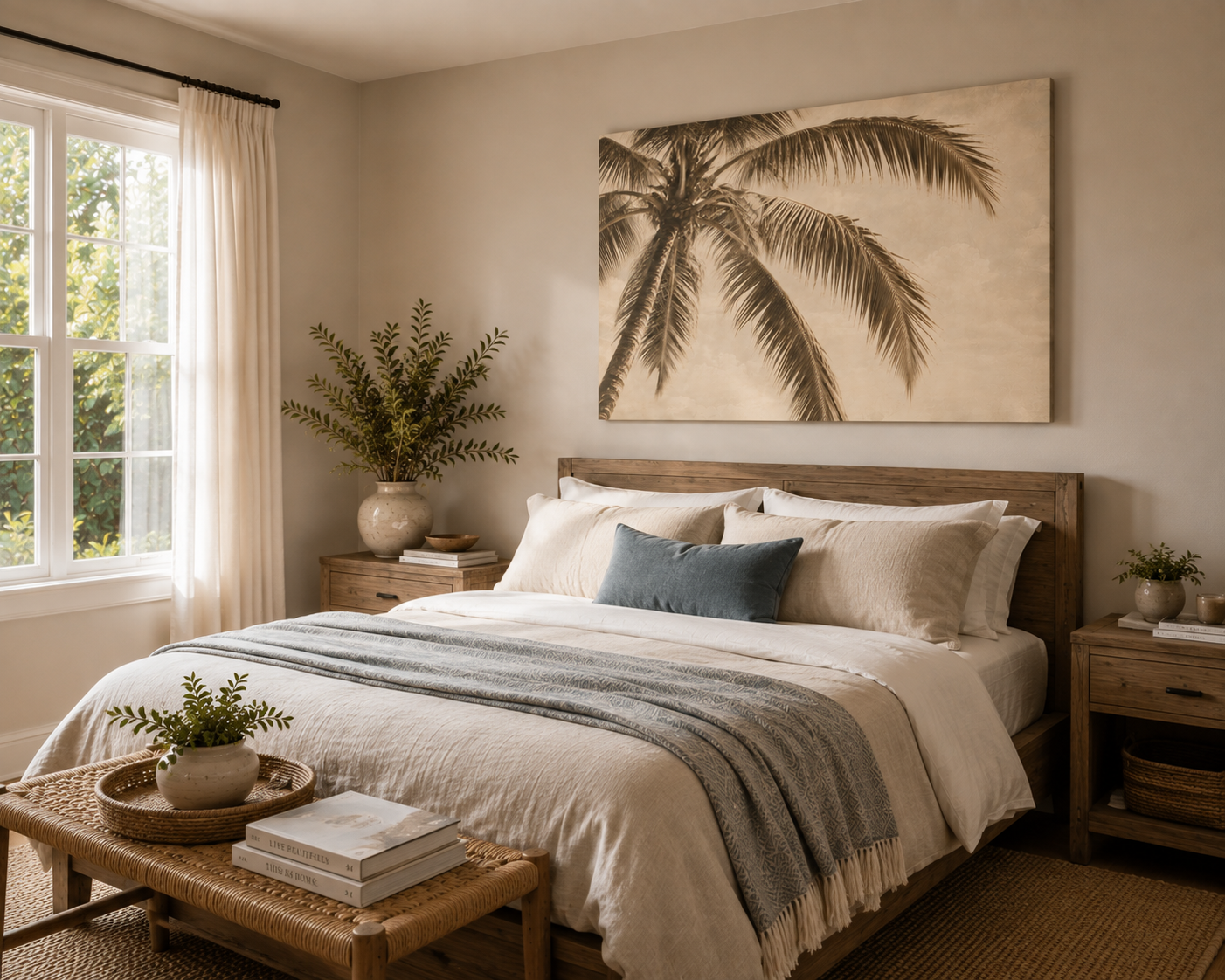 A styled bedroom interior featuring a bed dressed in cream bedding and a gray throw, with a large wall art print of a palm tree above the headboard. The room has beige walls, a window with sheer curtains, wooden nightstands, and woven decor on a bench in the foreground.