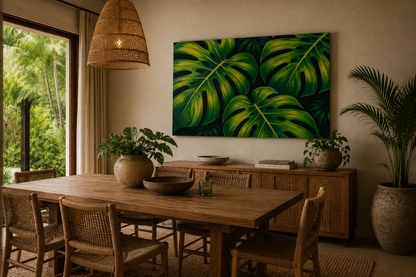 A large rectangular wall art print featuring bold green tropical monstera leaves, displayed in a warm, modern dining room above a wooden credenza.