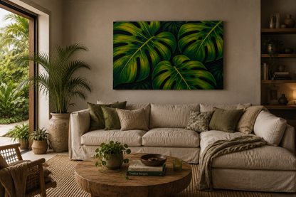 A large rectangular wall art print featuring oversized green tropical monstera leaves, displayed above a beige sectional sofa in a styled living room with plants, a wood coffee table, and shelving.