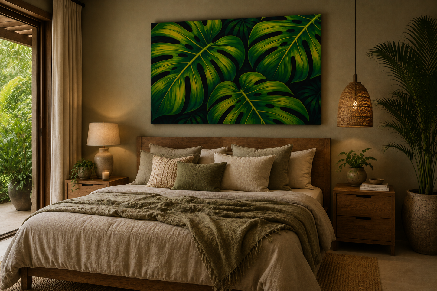 A large rectangular wall art print featuring bold green tropical monstera leaves, displayed above a neatly made bed in a warm, modern bedroom setting.