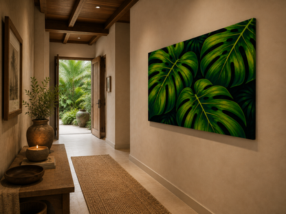Large rectangular wall art featuring a close-up tropical monstera leaf pattern in vivid green and black, displayed in a warm neutral hallway with a woven runner, wooden ceiling, and doorway leading to a garden.