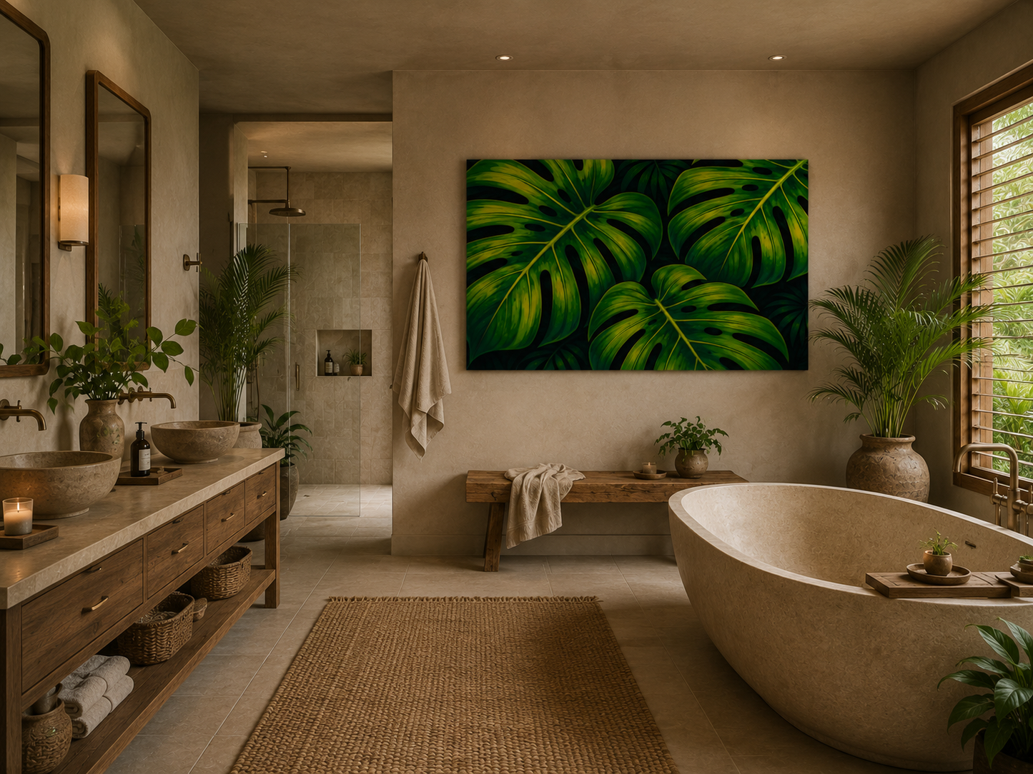 A large rectangular wall art print featuring a close-up tropical monstera leaf pattern in vivid green and black, displayed in a modern, warm-toned bathroom with a freestanding tub, wooden vanity, and plants.