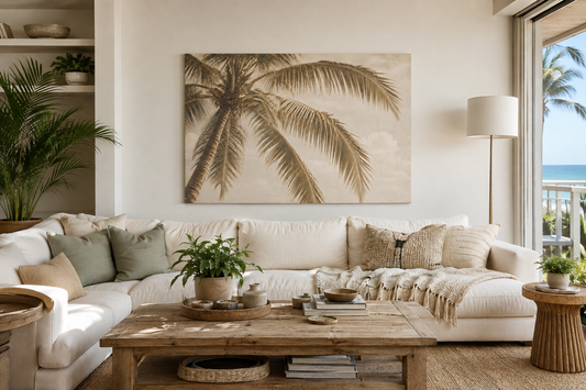 A large square canvas wall art print featuring a sepia-toned palm tree silhouette, displayed in a bright, modern living room above a cream sectional sofa.
