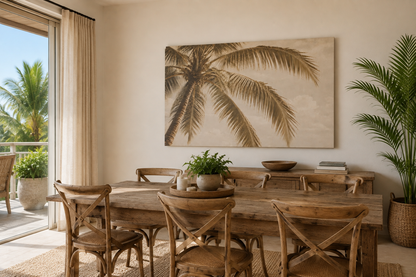 A large rectangular wall art print featuring a palm tree silhouette in warm beige and brown tones, displayed above a rustic wooden dining table in a sunlit dining room with chairs, plants, and an open window overlooking palm trees.