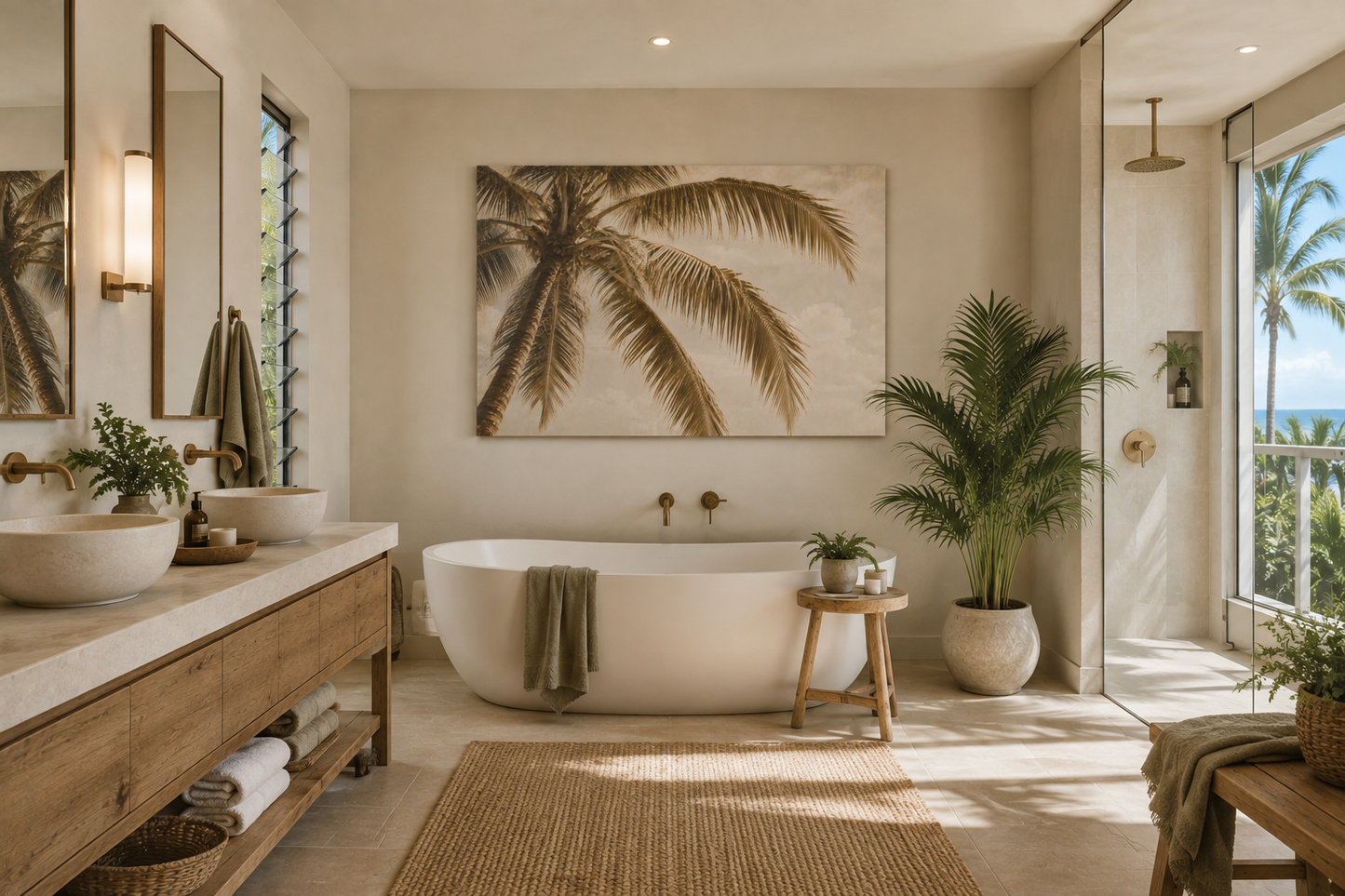 A modern bathroom interior with a freestanding white bathtub, wooden vanity, large palm artwork on the wall, and a glass shower area overlooking a tropical outdoor scene.