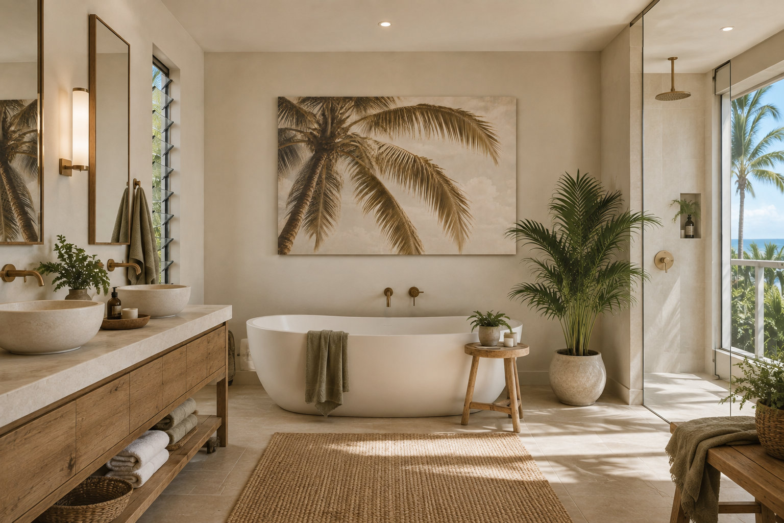 A modern bathroom interior with a freestanding white bathtub, wooden vanity, large palm artwork on the wall, and a glass shower area overlooking a tropical outdoor scene.