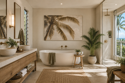 A modern bathroom interior with a freestanding white bathtub, wooden vanity, large palm artwork on the wall, and a glass shower area overlooking a tropical outdoor scene.