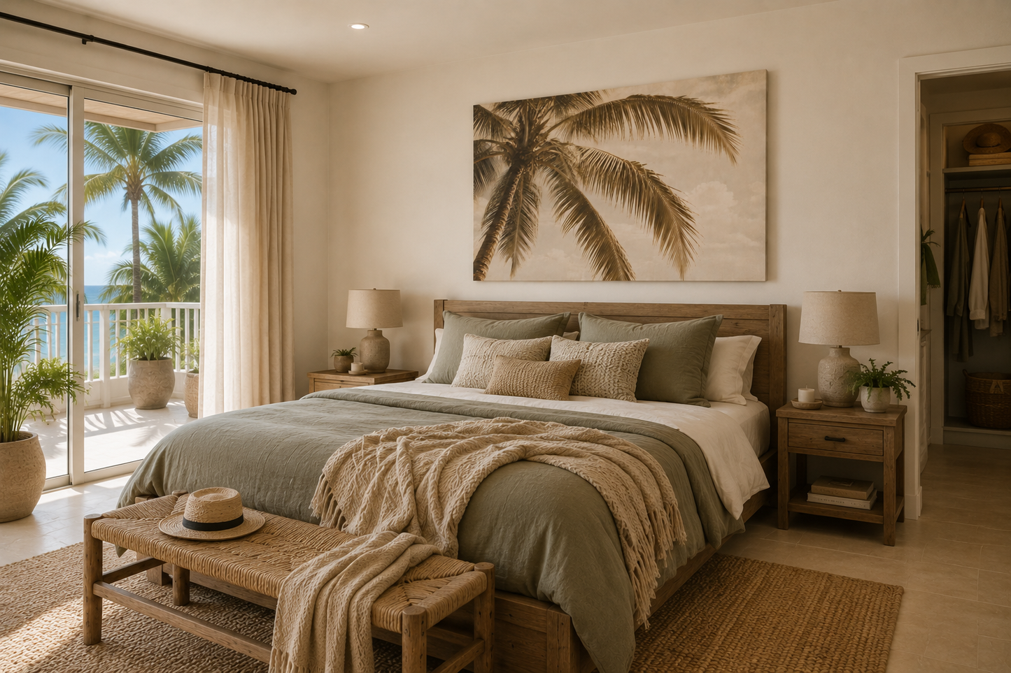 A beautifully styled tropical beach-themed bedroom featuring a large canvas print of a palm tree on the wall above a wooden bed. The room has beige walls, natural wood furniture, and a view of palm trees and the ocean from a large sliding glass door on the left.