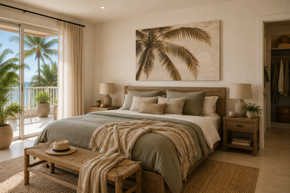 A beautifully styled tropical beach-themed bedroom featuring a large canvas print of a palm tree on the wall above a wooden bed. The room has beige walls, natural wood furniture, and a view of palm trees and the ocean from a large sliding glass door on the left.