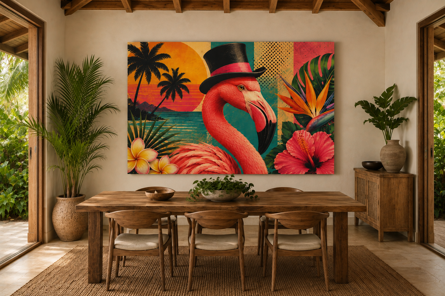 Tropical Flamingo Canvas Print — Vintage Sunset Beach Wall Art