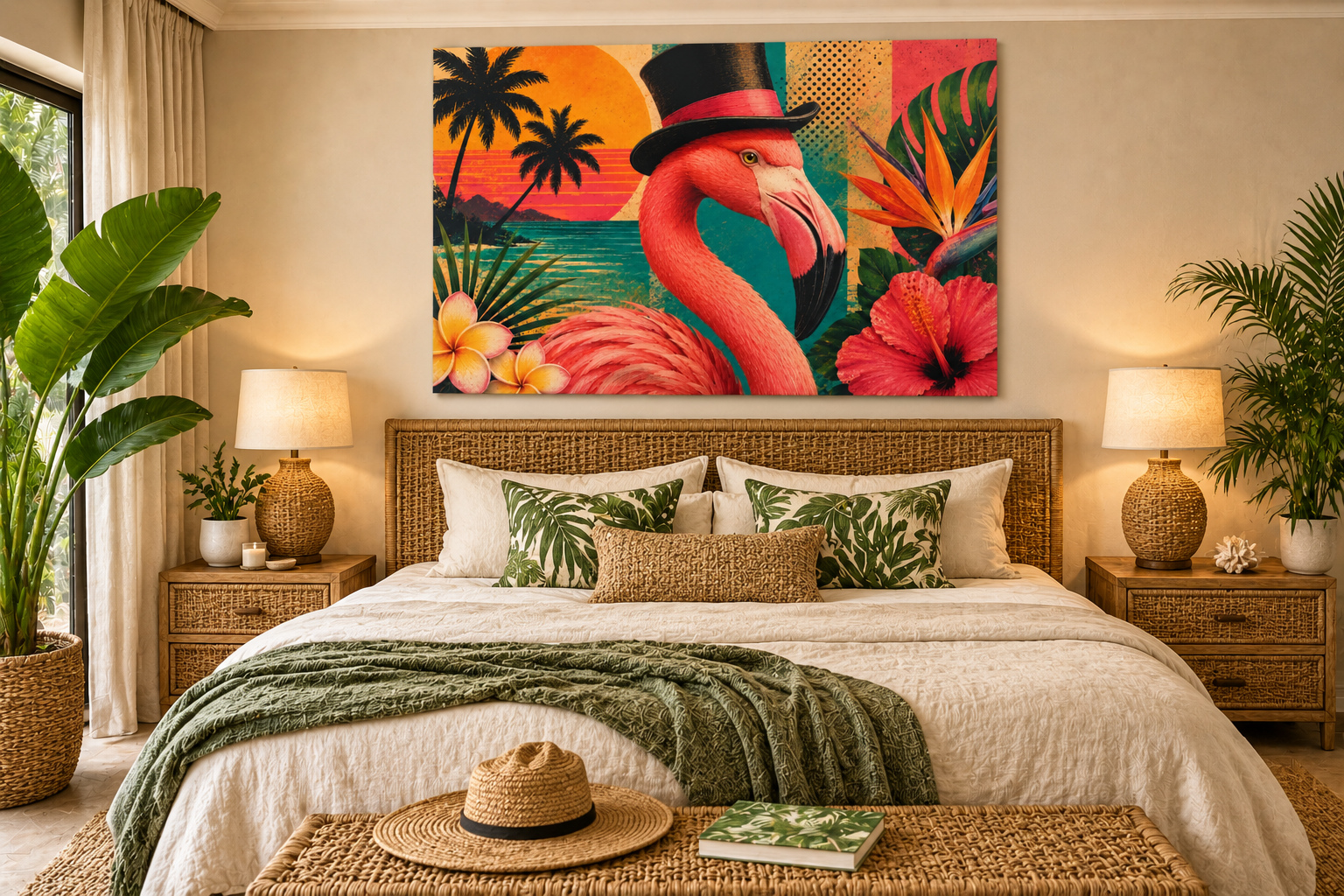 A colorful wall art print featuring a pink flamingo wearing a black top hat, tropical palm trees, hibiscus flowers, and a sunset, displayed above a neatly made bed in a styled bedroom.
