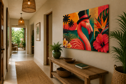 A large rectangular canvas wall art print featuring a colorful tropical flamingo design, displayed on a beige wall in a styled hallway with a wooden console table, potted plants, and woven decor.