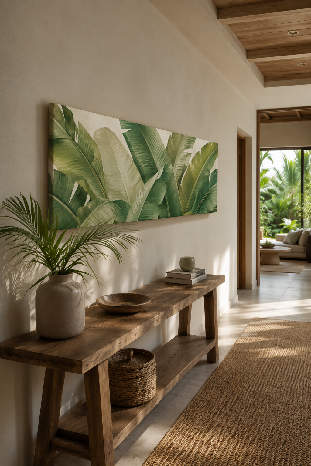 A large rectangular wall art print featuring green banana leaves on a white background, displayed in a modern, sunlit interior hallway above a rustic wooden console table.