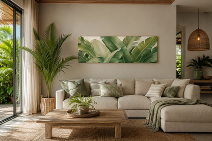 A large horizontal canvas wall art print featuring a green tropical banana leaf pattern, displayed in a modern, sunlit living room above a beige sectional sofa.
