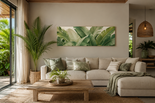 A large horizontal canvas wall art print featuring a green tropical banana leaf pattern, displayed in a modern, sunlit living room above a beige sectional sofa.