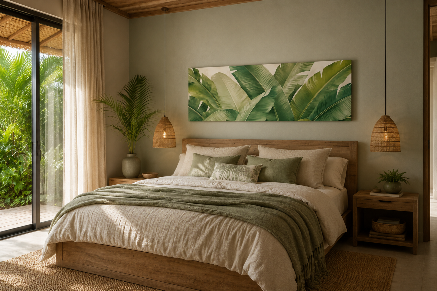 A styled bedroom interior featuring a wooden bed with cream bedding and a sage green throw blanket, set beneath a large horizontal wall art print of green tropical banana leaves. The room has a warm neutral tone with woven pendant lights, a rattan rug, and a glass sliding door looking out onto lush greenery.