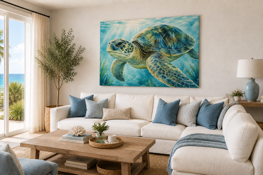 A large square canvas print of a sea turtle underwater hangs on a beige wall in a bright, modern living room with a white sectional sofa, blue pillows, and a wooden coffee table.