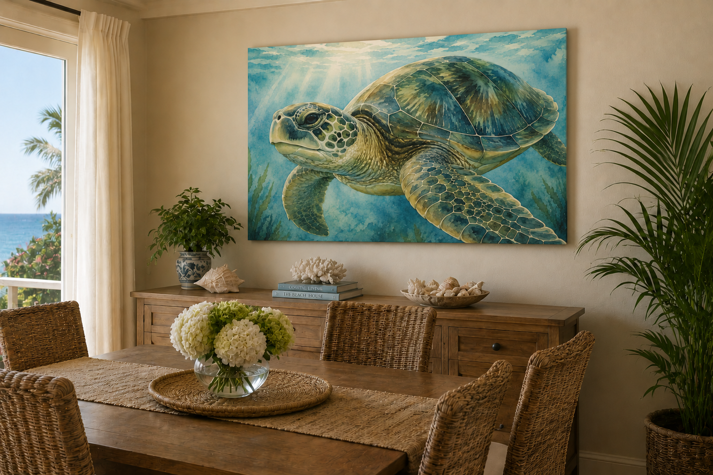 A large square wall art print depicting a sea turtle underwater in blue-green tones, displayed above a wooden console table in a styled dining room with wicker chairs, plants, and a window view of the ocean.
