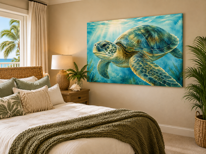 A large rectangular wall art print showing a sea turtle swimming underwater in blue ocean tones, displayed above a bed in a styled bedroom with beige walls, pillows, a lamp, and a plant.