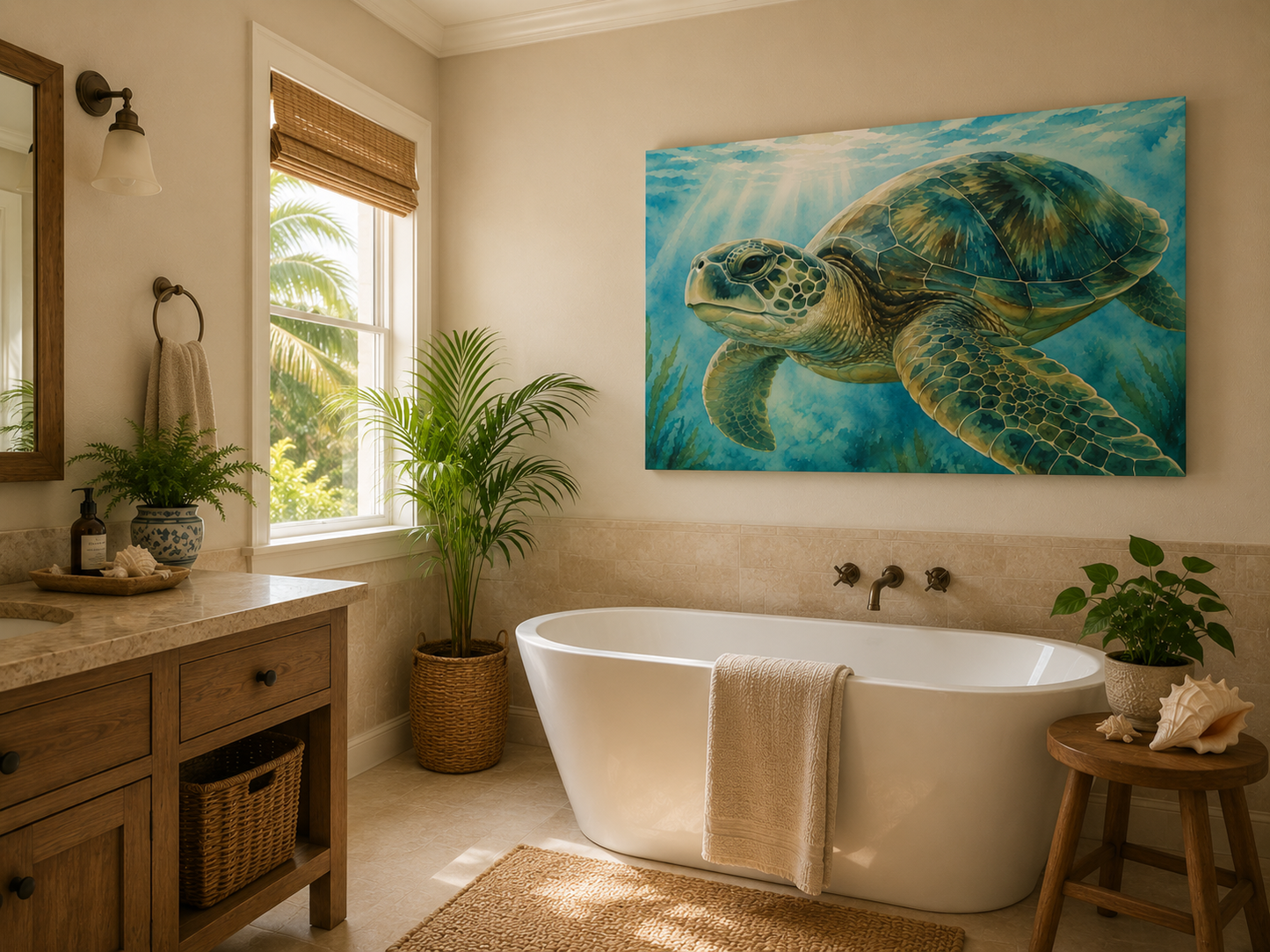 A large rectangular wall art print depicting a sea turtle underwater in blue-green tones, displayed above a white freestanding bathtub in a styled bathroom with wood cabinetry, plants, and natural light.