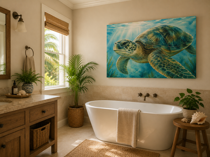 A large rectangular wall art print depicting a sea turtle underwater in blue-green tones, displayed above a white freestanding bathtub in a styled bathroom with wood cabinetry, plants, and natural light.