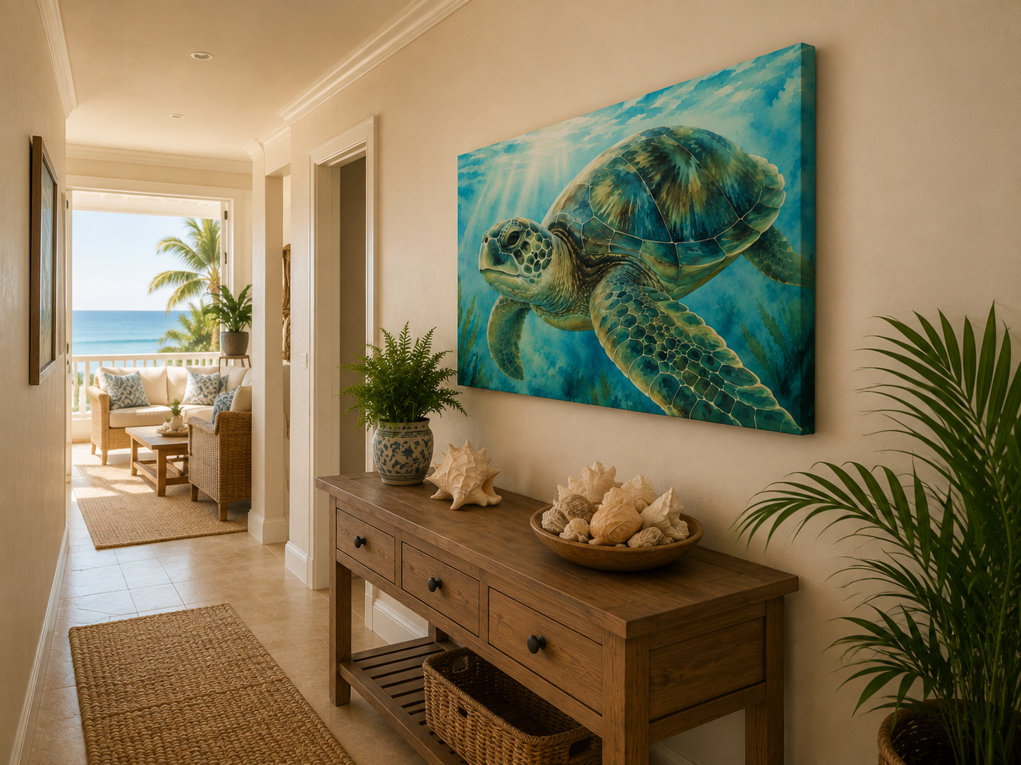 A large square canvas wall art print depicting a sea turtle underwater in vibrant blue and green tones, displayed in a tropical beach-themed hallway above a wooden console table.