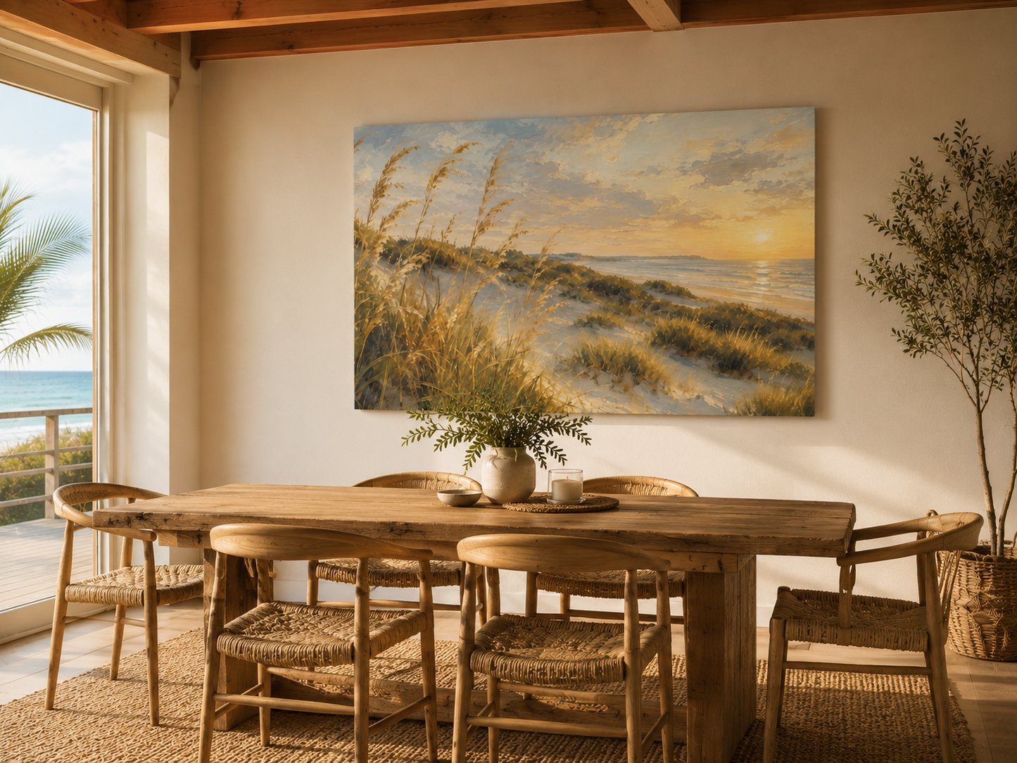 A large rectangular canvas painting of a beach dune sunset hangs on a beige wall in a bright dining room with a wooden table and woven chairs. The artwork depicts golden grasses, blue-gray water, and a warm yellow-orange sky.