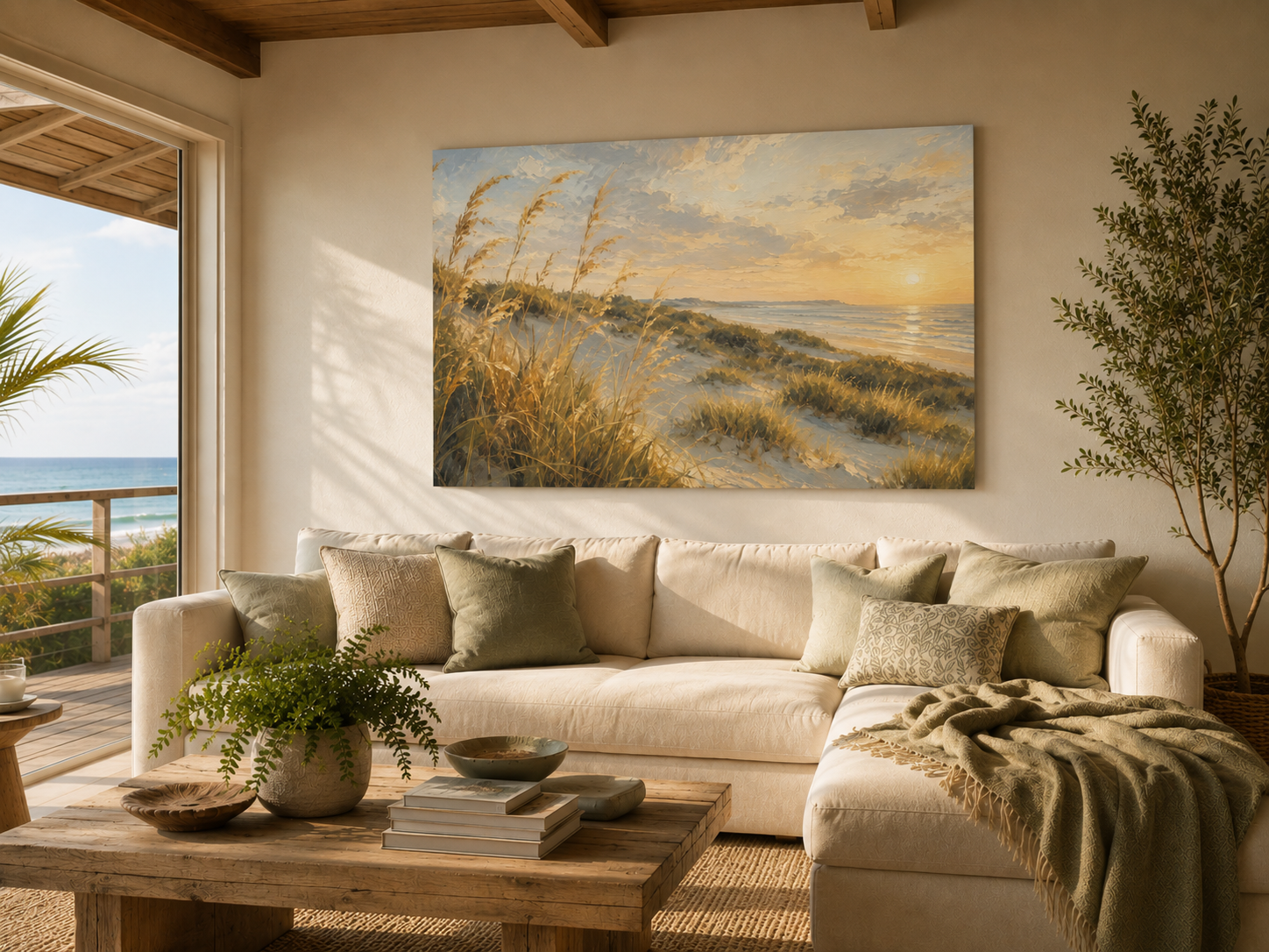 A large rectangular canvas print of a beach dune sunset hangs on a beige wall above a cream sectional sofa in a styled living room. The painting depicts golden sand dunes, ocean waves, and a warm sky.