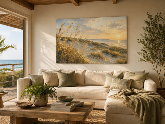 A large rectangular canvas print of a beach dune sunset hangs on a beige wall above a cream sectional sofa in a styled living room. The painting depicts golden sand dunes, ocean waves, and a warm sky.