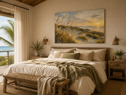 A large rectangular wall art print depicting a beach dune sunset with golden grasses and ocean waves, displayed above a neatly made bed in a warm, modern bedroom.